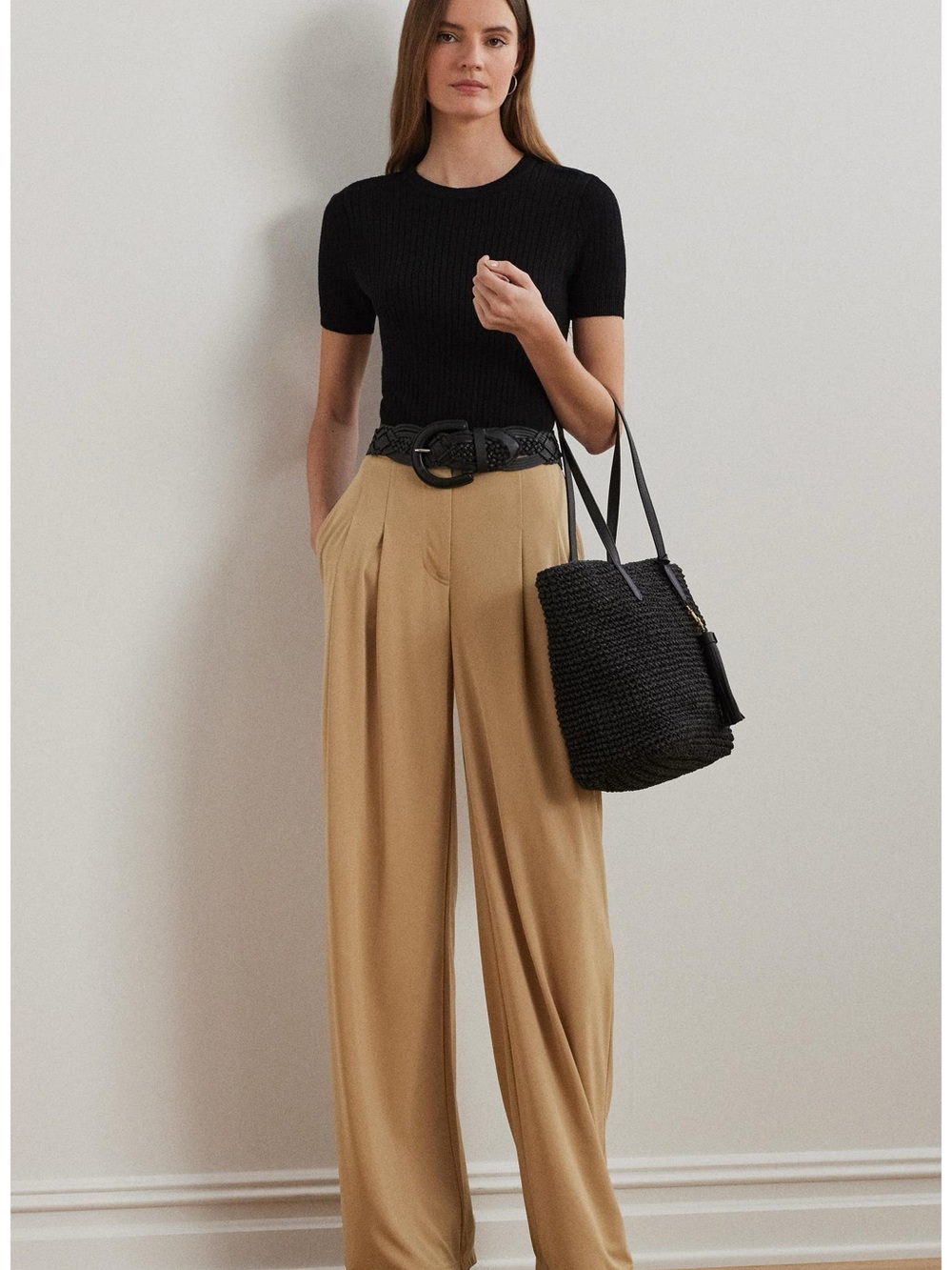 Lauren Ralph Lauren Wide-Leg Pleated Trousers in Camel